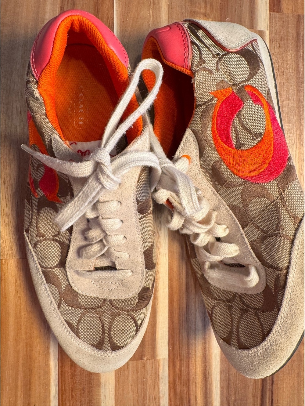 Coach Perrie A1029 Signature C Sneakers Women’s 8M Beige Pink Orange Lace Up